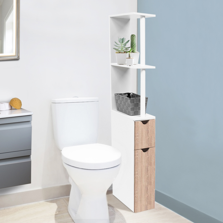 Mueble WC barato blanco y haya con 2 puertas | ID Market