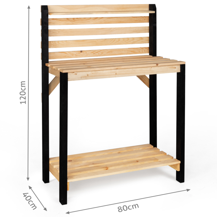 Mesa para macetas y preparación en madera natural y negra con base y estante