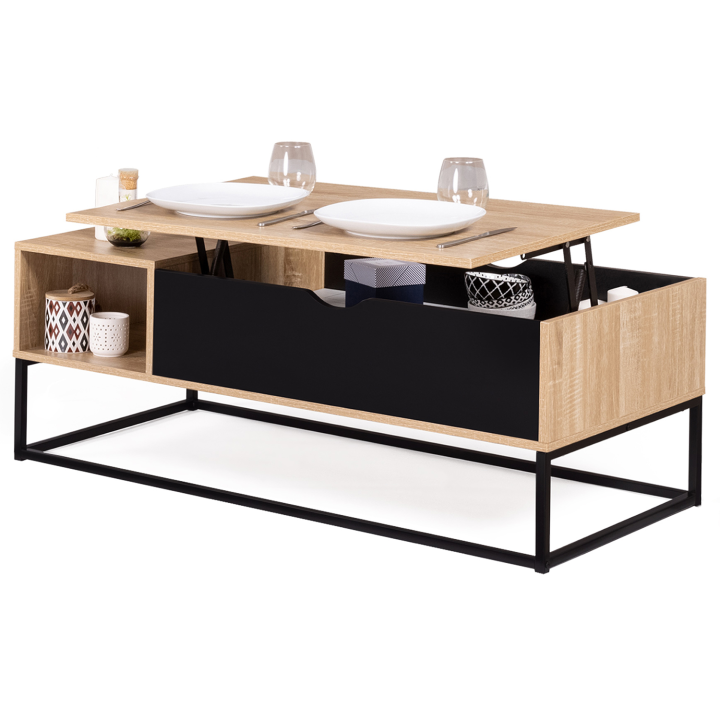 Table basse plateau relevable BOSTON avec rangements design industriel