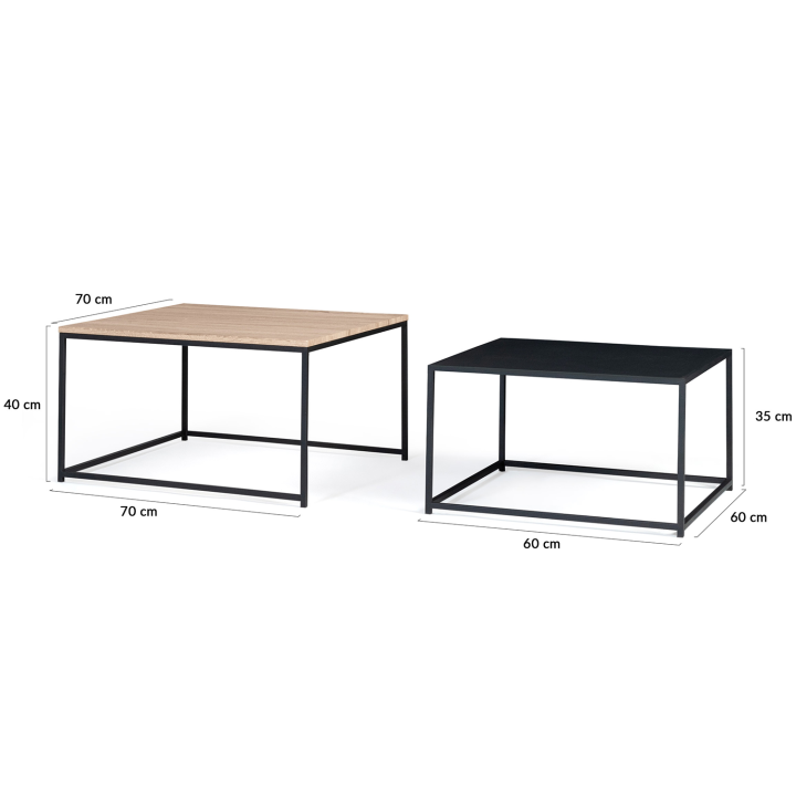 Lot de 2 tables basses gigognes DENTON 60/70 métal noir et bois design industriel