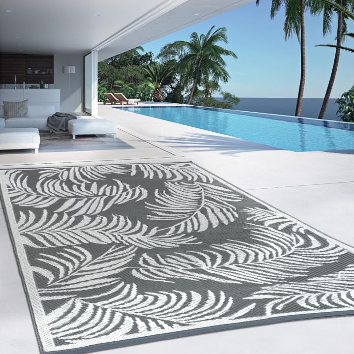 Tapis extérieur COCO tropical gris et blanc 160 x 260 CM