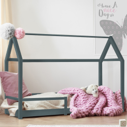 Cama cabaña infantil NESSI 90 x 190 cm gris con somier de láminas y barandillas