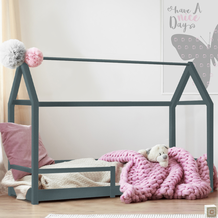 Cama cabaña infantil NESSI 90 x 190 cm gris con somier de láminas y barandillas