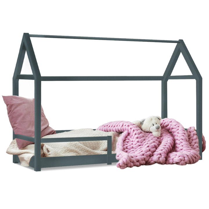 Cama cabaña infantil NESSI 90 x 190 cm gris con somier de láminas y barandillas