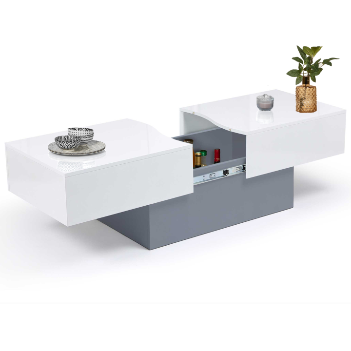 Table basse coulissante MARTA bois gris et plateau blanc