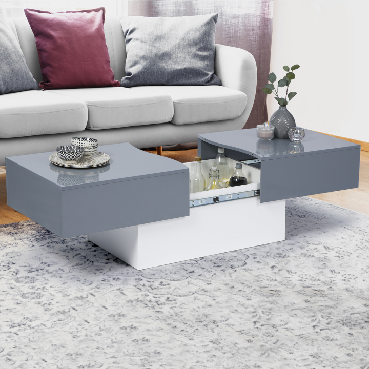 Table basse bar coulissante MARTA bois blanc et gris