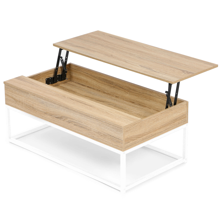 Table basse plateau relevable DETROIT design industriel bois et métal blanc