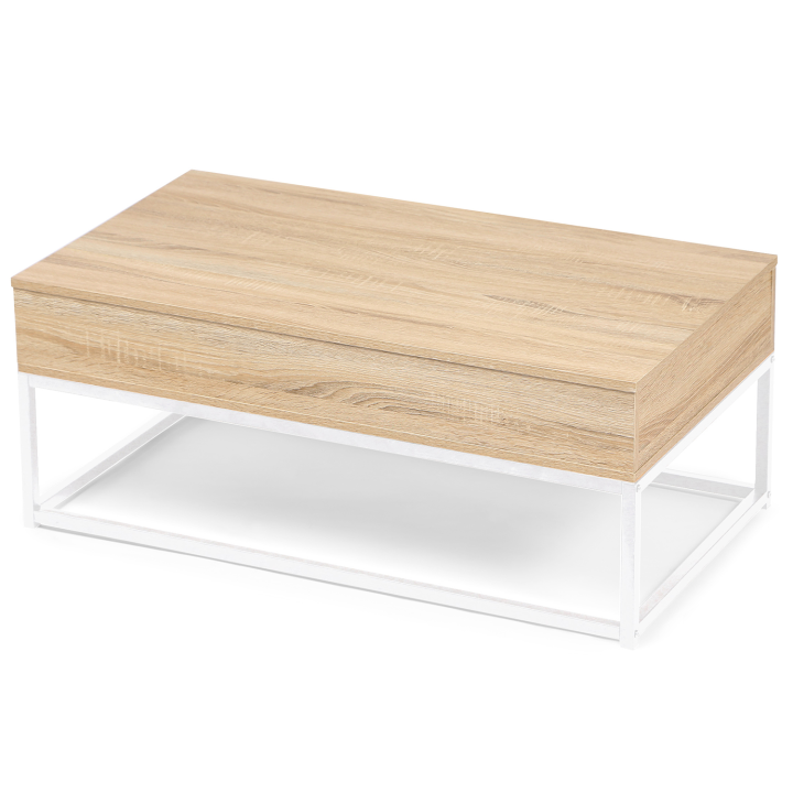 Table basse plateau relevable DETROIT design industriel bois et métal blanc