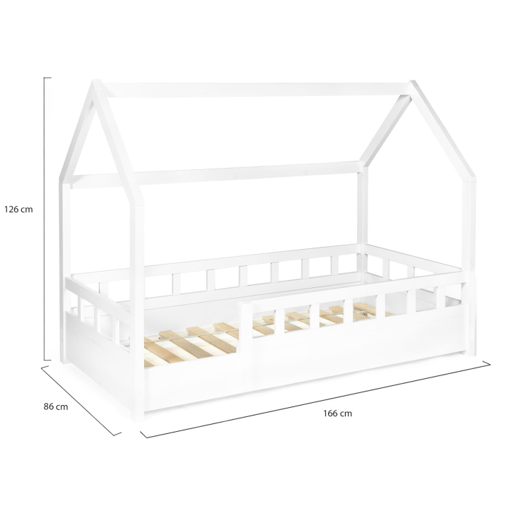 Lit cabane enfant 80 x 160 CM NEREE blanc avec sommier et barrières