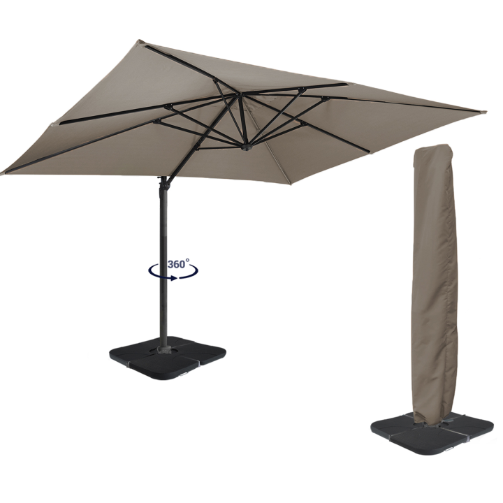 360 CALVI taupe 3x4 M parasol giratorio desplazado con 4 paneles y funda