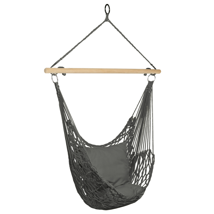 Fauteuil suspendu bohème 2 coussins gris design macramé