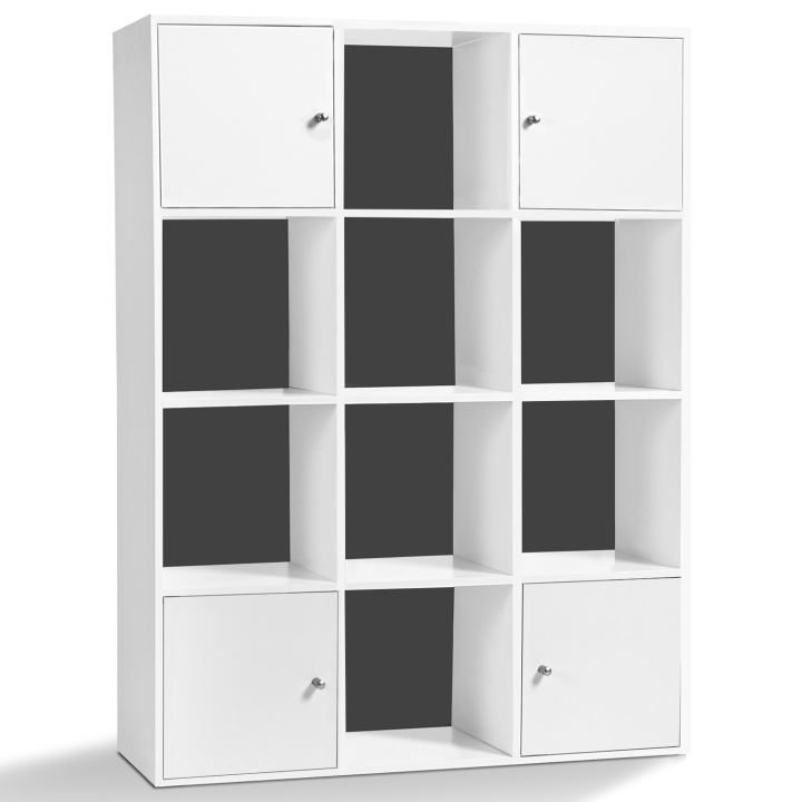 Meuble de rangement cube 12 cases bois blanc avec portes fond gris