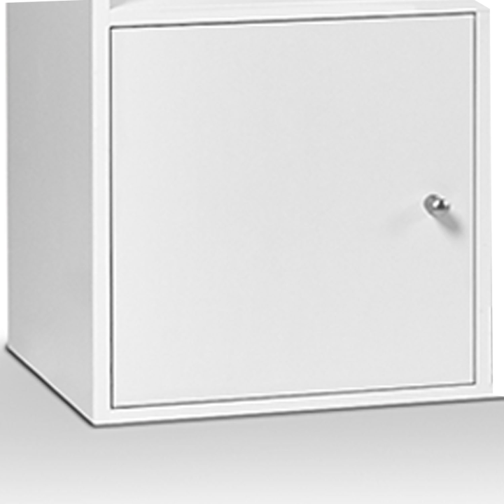 Meuble de rangement cube 9 cases bois  blanc avec 3 portes blanches fond gris