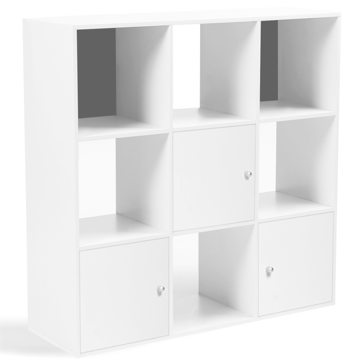 Meuble de rangement cube 9 cases bois  blanc avec 3 portes blanches fond gris