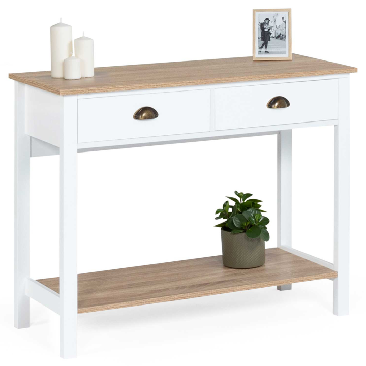 Console 2 tiroirs vintage ISIS avec étagère bois et blanc