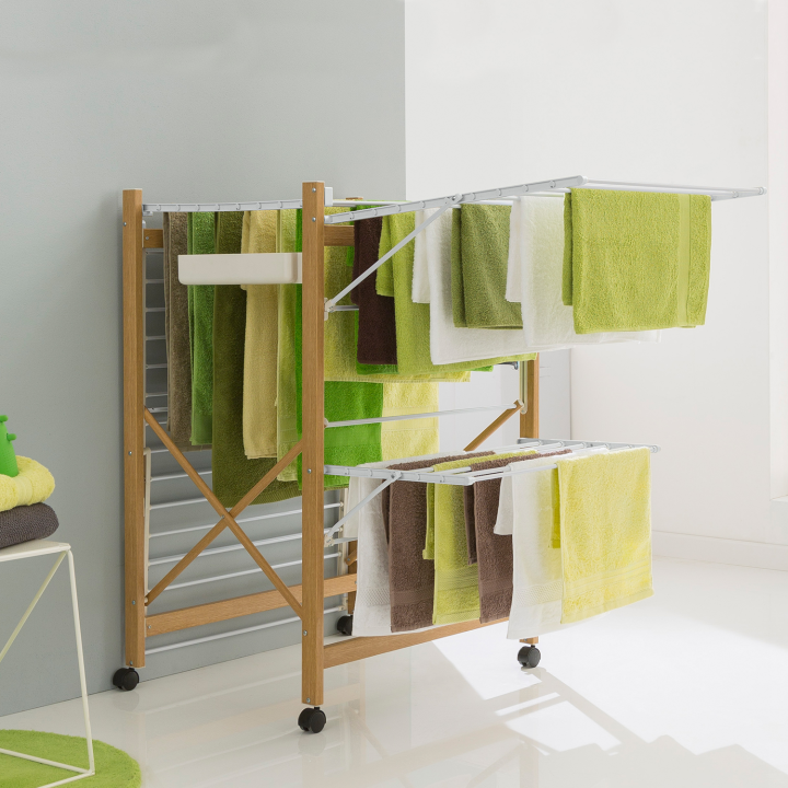 Séchoir à linge DELUXE design imitation bois étendoir extensible pliable