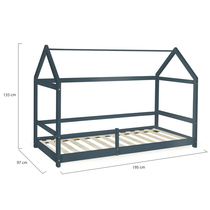 Cama cabaña infantil NESSI 90 x 190 cm gris con somier de láminas y barandillas