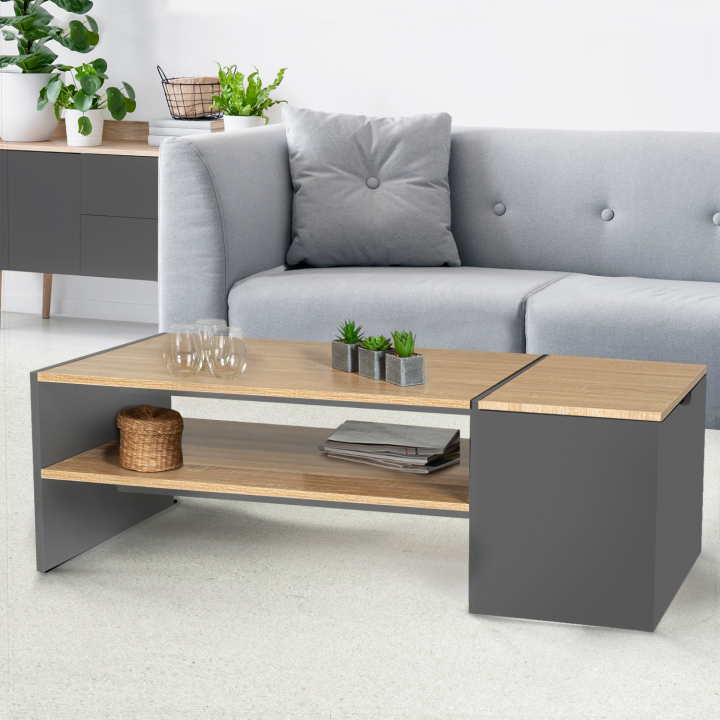 Table basse bar contemporaine IZIA avec coffre gris et bois