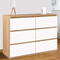 Commode 6 tiroirs TOMI bois façon hêtre et blanc