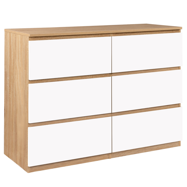 Commode 6 tiroirs TOMI bois façon hêtre et blanc