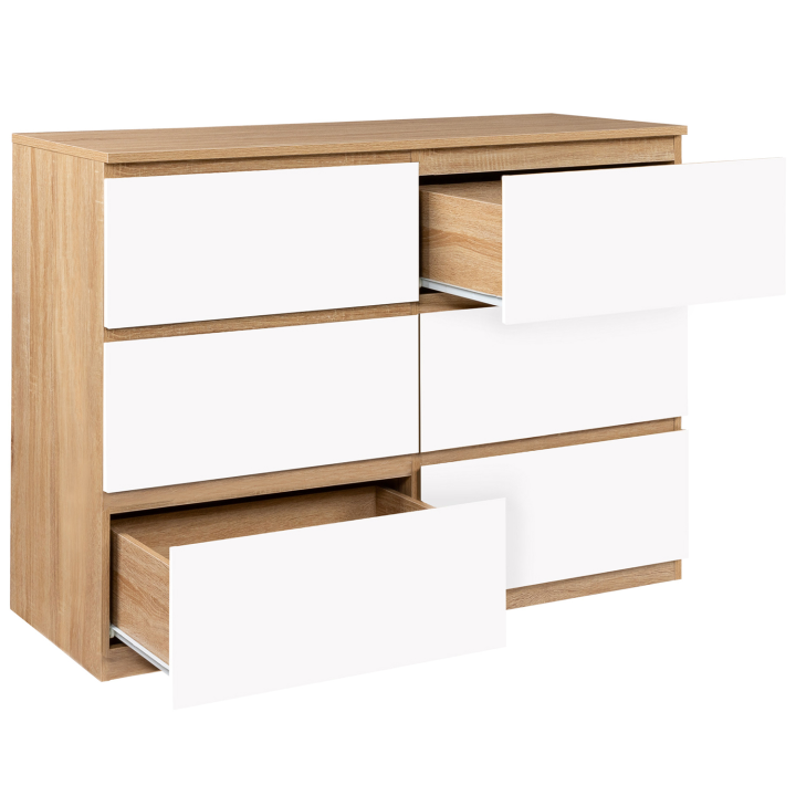 Commode 6 tiroirs TOMI bois façon hêtre et blanc