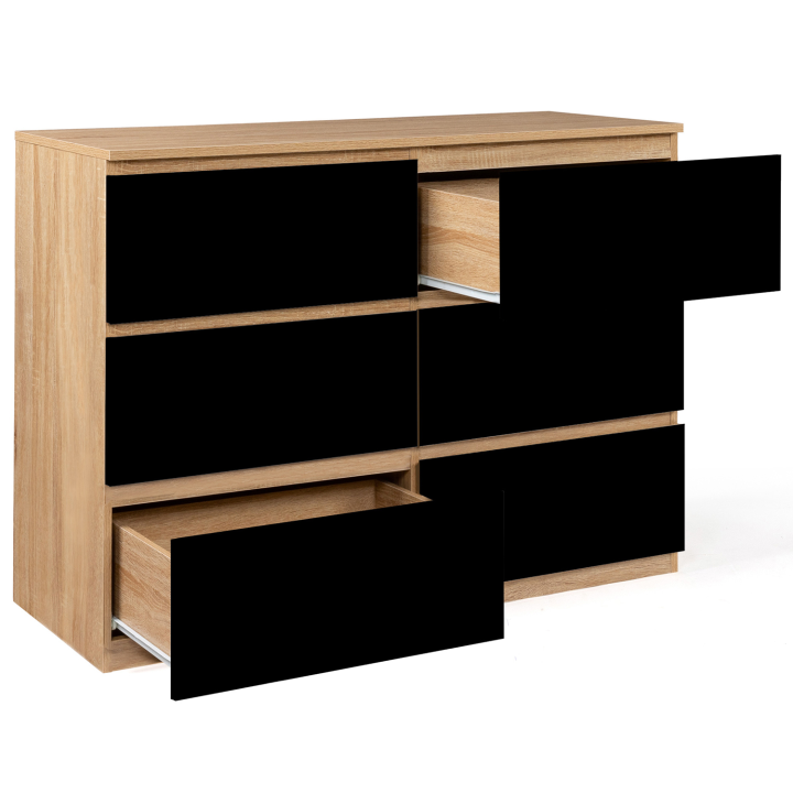 Commode 6 tiroirs TOMI bois façon hêtre et noir