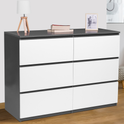 Commode 6 tiroirs TOMI bois blanc et gris