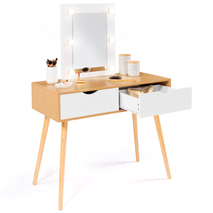 Coiffeuse scandinave 2 tiroirs LIVIA bois et blanc avec miroir LED