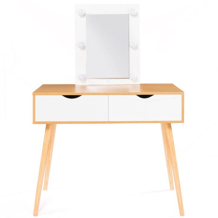 Coiffeuse scandinave 2 tiroirs LIVIA bois et blanc avec miroir LED