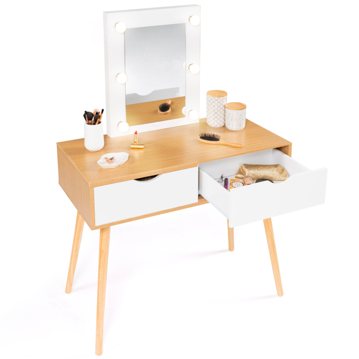 Coiffeuse scandinave 2 tiroirs LIVIA bois et blanc avec miroir LED