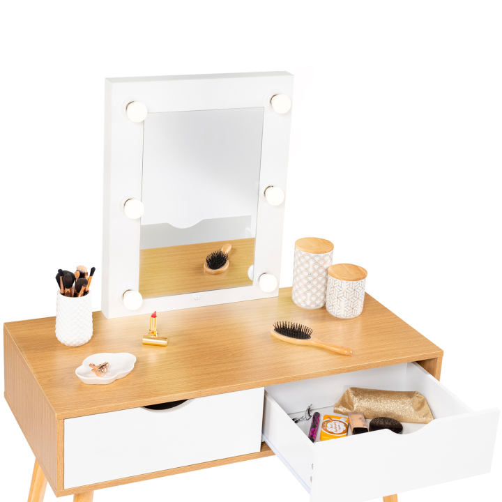 Coiffeuse scandinave 2 tiroirs LIVIA bois et blanc avec miroir LED