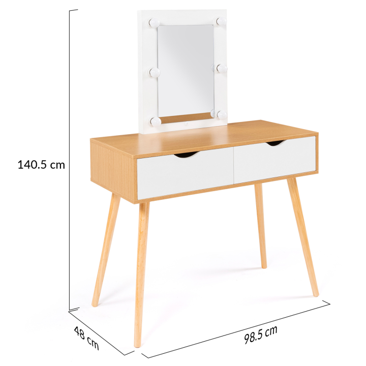 Coiffeuse scandinave 2 tiroirs LIVIA bois et blanc avec miroir LED