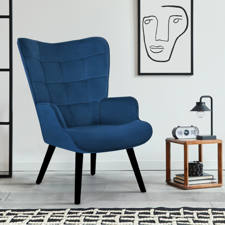 Fauteuil scandinave ANIA en velours bleu