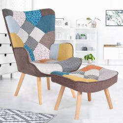 Fauteuil scandinave IVAR avec repose pieds en tissu patchwork multicouleurs