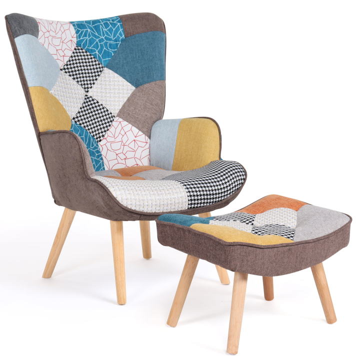 Fauteuil scandinave IVAR avec repose pieds en tissu patchwork multicouleurs