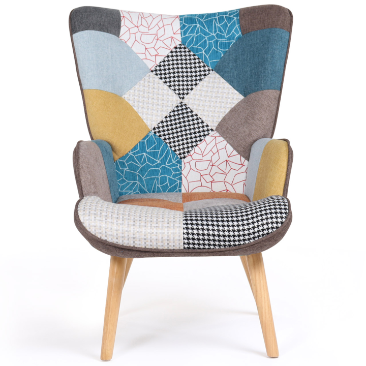 Fauteuil scandinave IVAR avec repose pieds en tissu patchwork multicouleurs