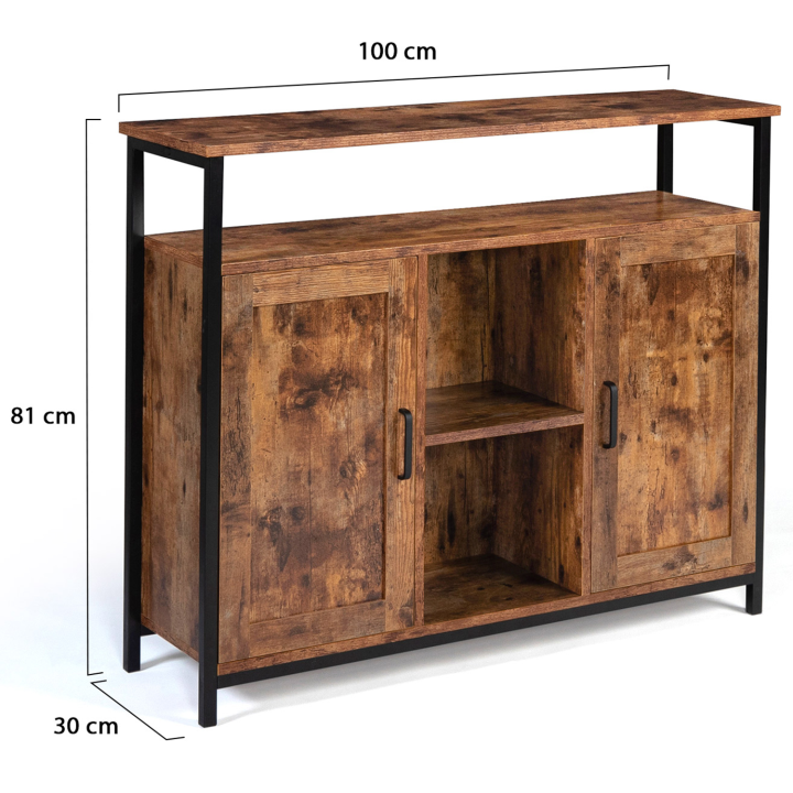 Buffet 2 portes 100 cm DAYTON avec étagères effet vieilli design industriel