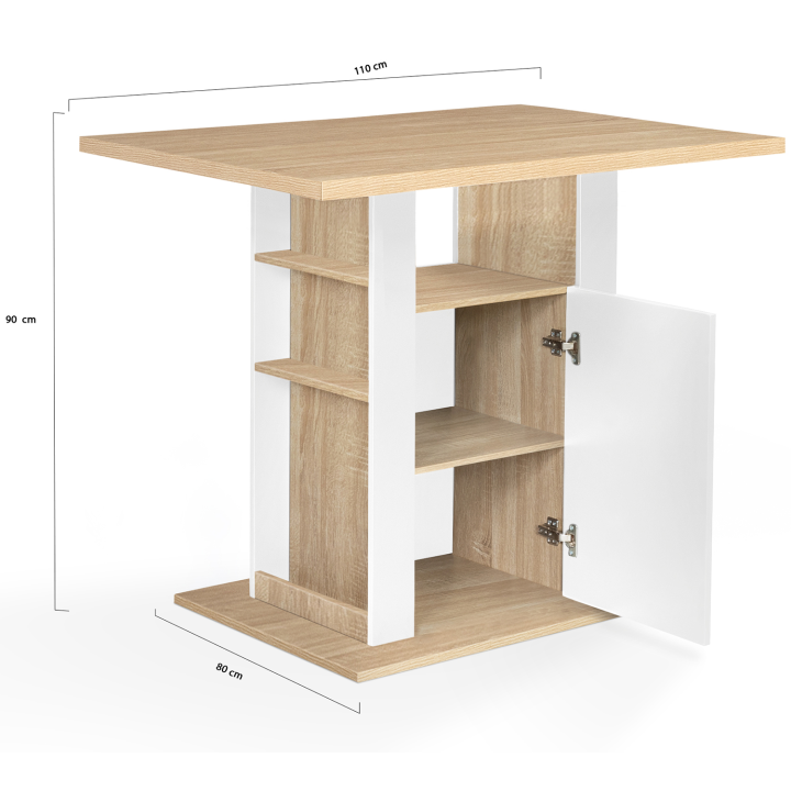 Ilot central UGO 110 cm bois blanc et imitation hêtre avec rangements