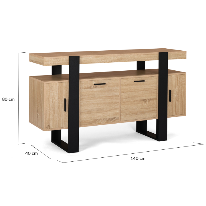 Buffet 140 cm PHOENIX 4 portes bois et noir