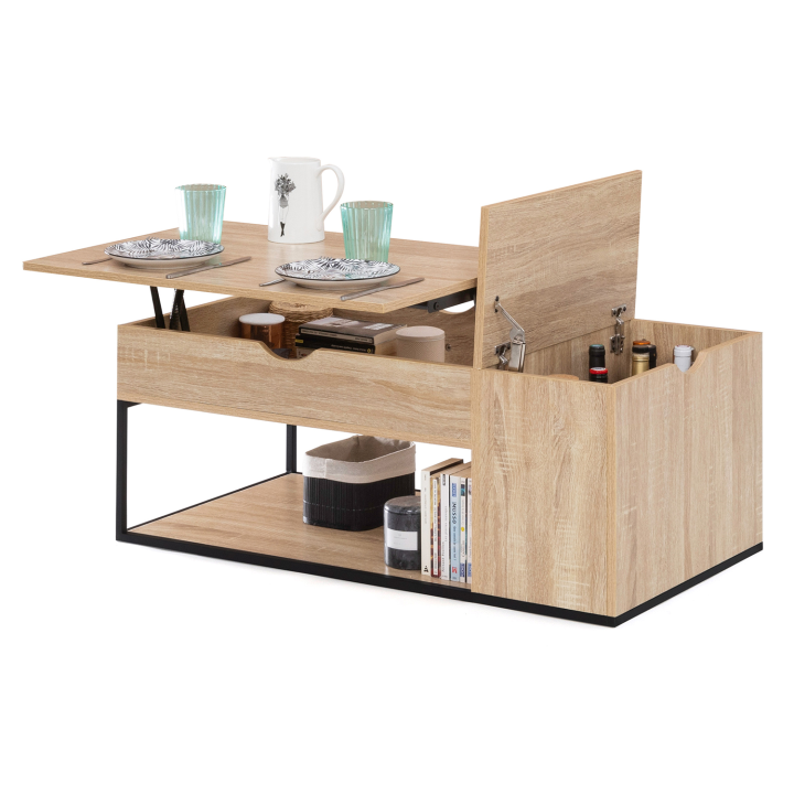 Table basse plateau relevable DETROIT avec coffre design industriel