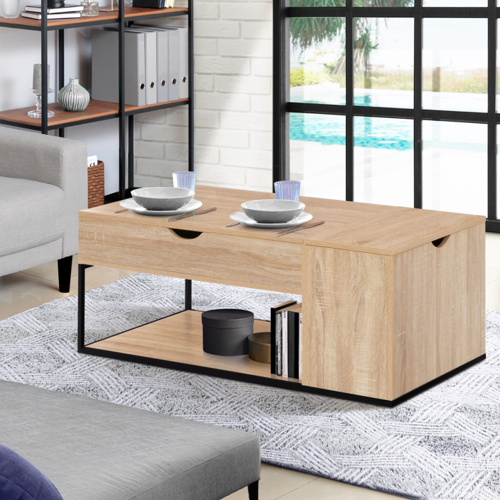 Table basse plateau relevable DETROIT avec coffre design industriel