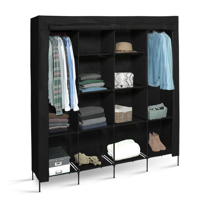 Grande armoire de rangement penderie pliable vêtements en tissu noir dressing DOUBLE XXL