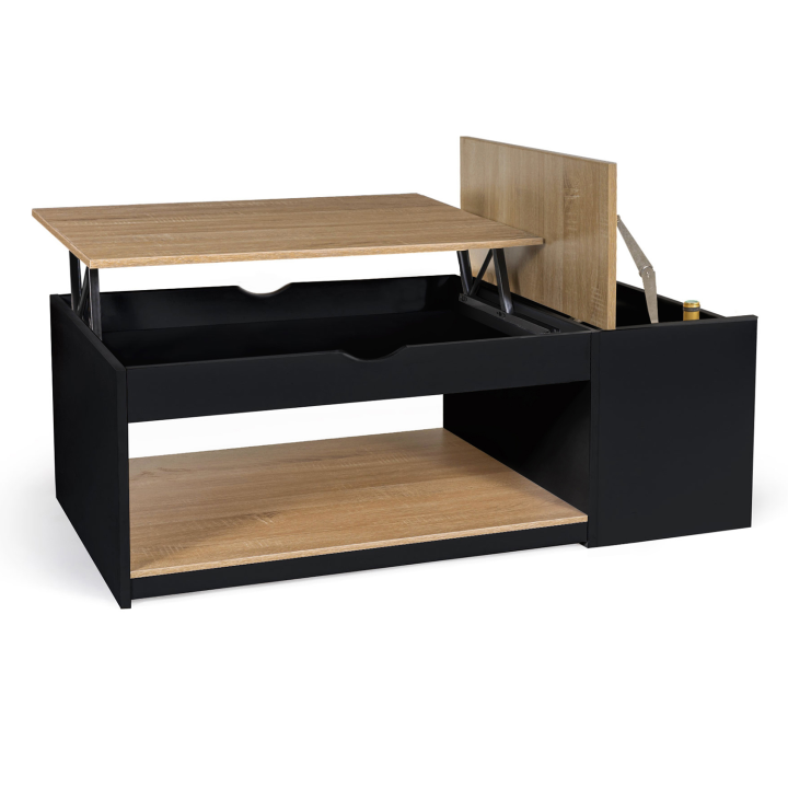 Table basse plateau relevable ELEA avec coffre bois noir et façon hêtre