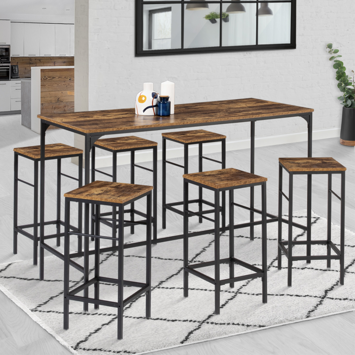 Ensemble table haute de bar DAYTON 150 cm et 6 tabourets effet vieilli design industriel