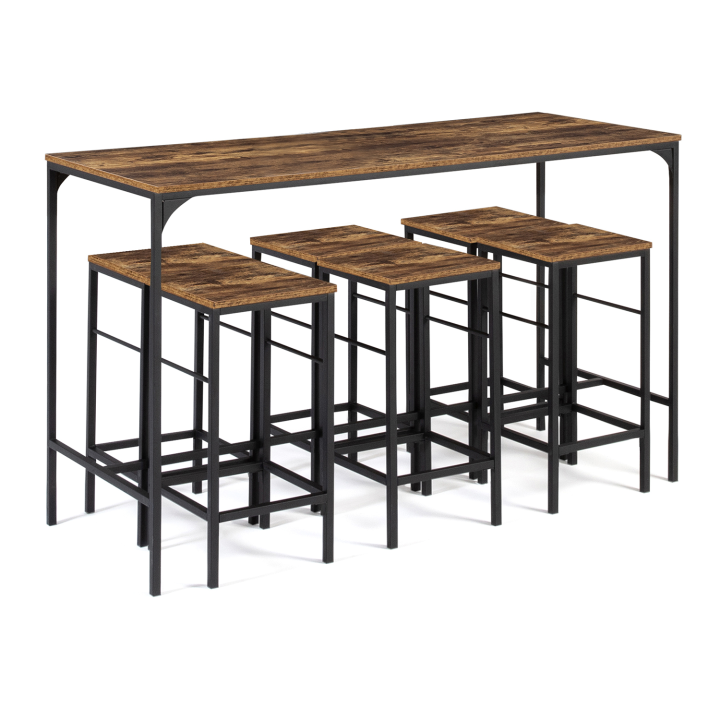 Ensemble table haute de bar DAYTON 150 cm et 6 tabourets effet vieilli design industriel