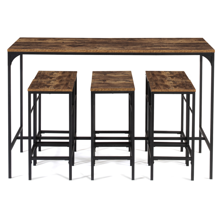 Ensemble table haute de bar DAYTON 150 cm et 6 tabourets effet vieilli design industriel