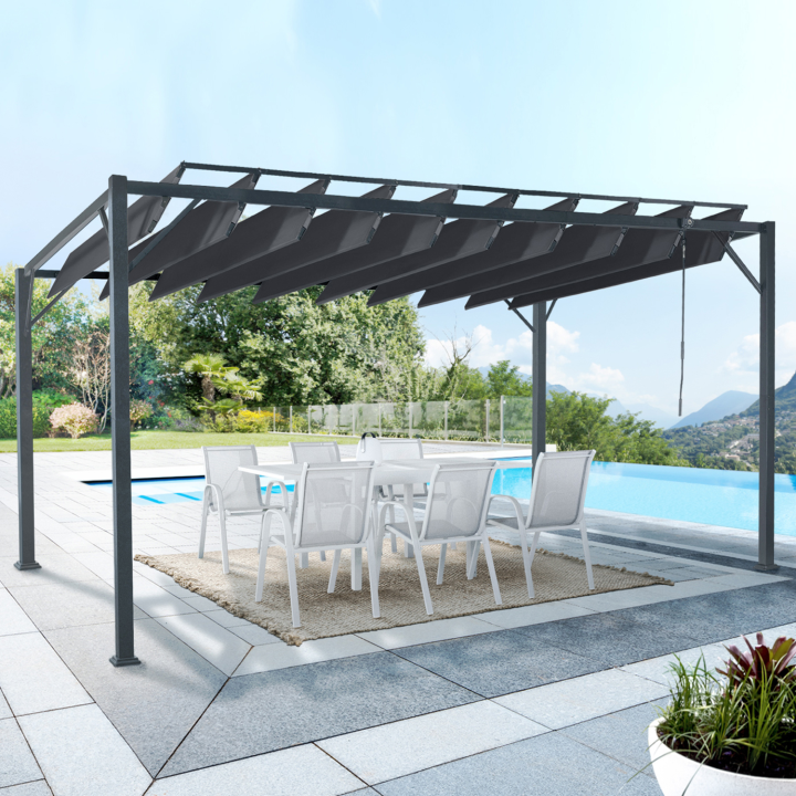 Pérgola metálica con lamas orientables gris antracita 3x4m - CEFALU | ID Market