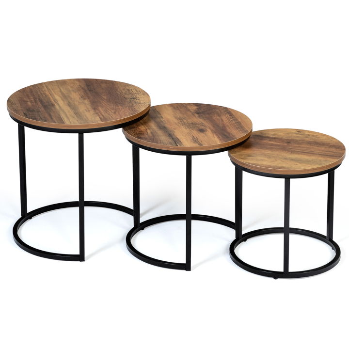 Lot de 3 tables basses gigognes HAWKINS rondes 30/40/45 effet vieilli design industriel