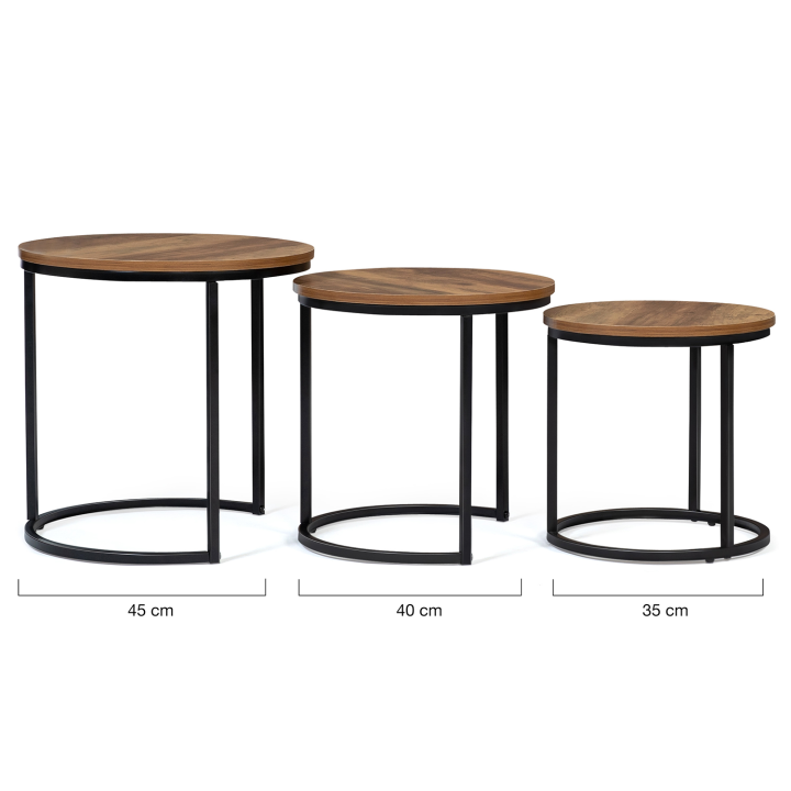 Lot de 3 tables basses gigognes HAWKINS rondes 30/40/45 effet vieilli design industriel