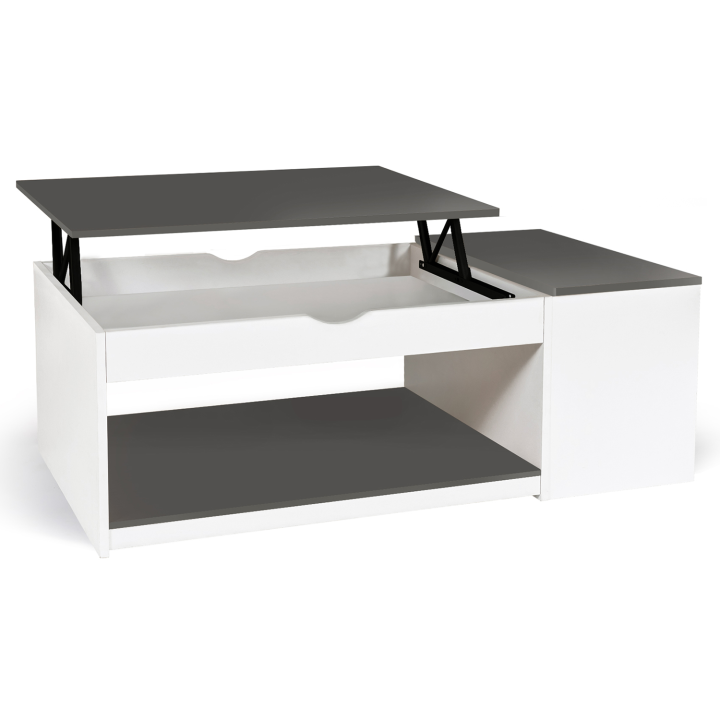 Table basse plateau relevable ELEA avec coffre bois blanc et gris